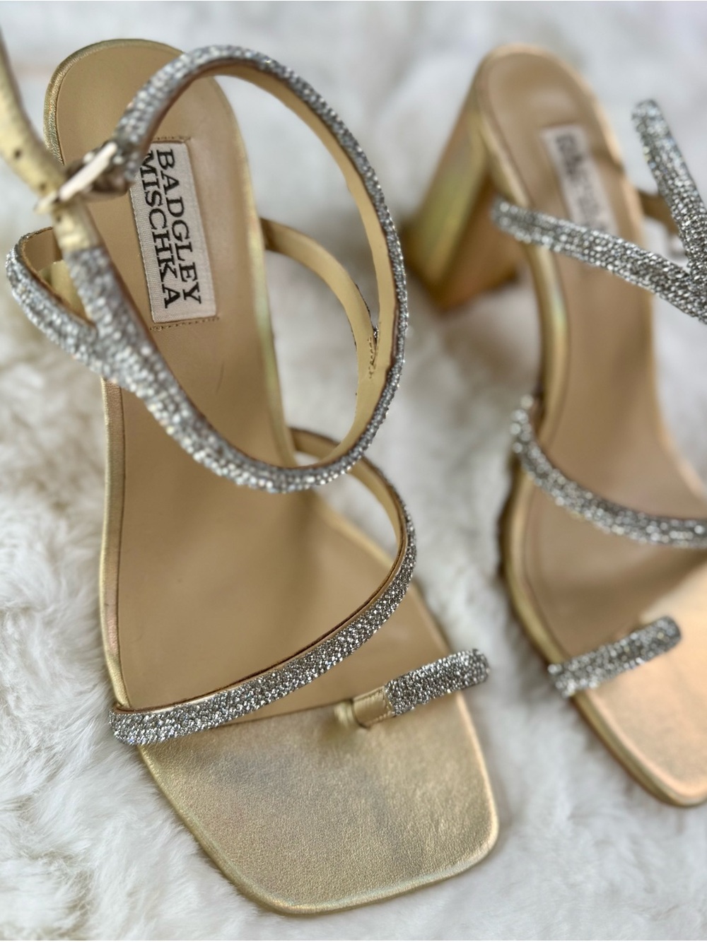 Badgley Mischka Gold Crystal-Strap Block Heels
